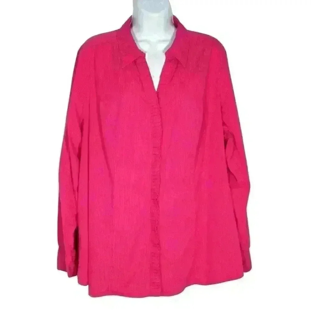 Lane Bryant button up top shirt sz 22 ruffle button placket pink on pink stripe